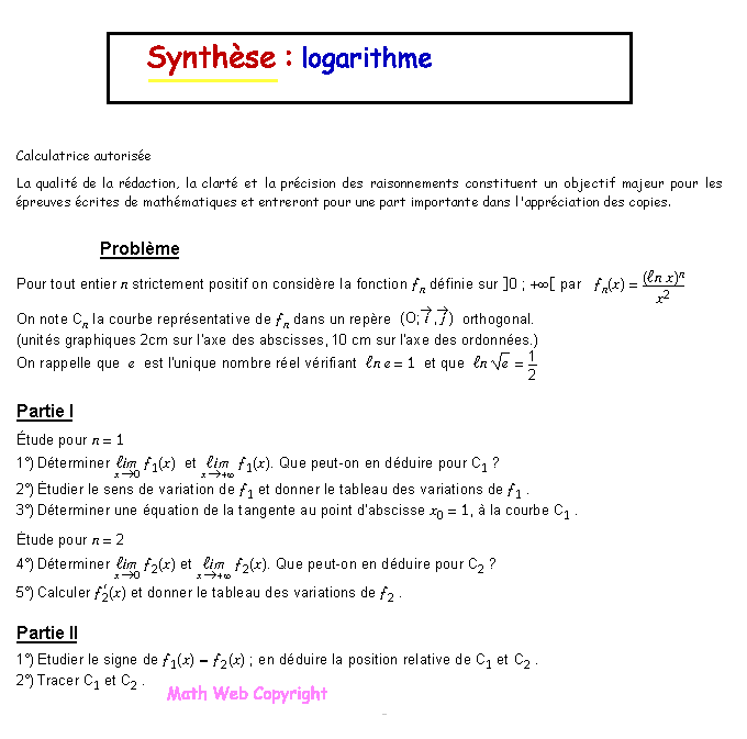 Synthèse : Logarithme : Classe de terminale S
